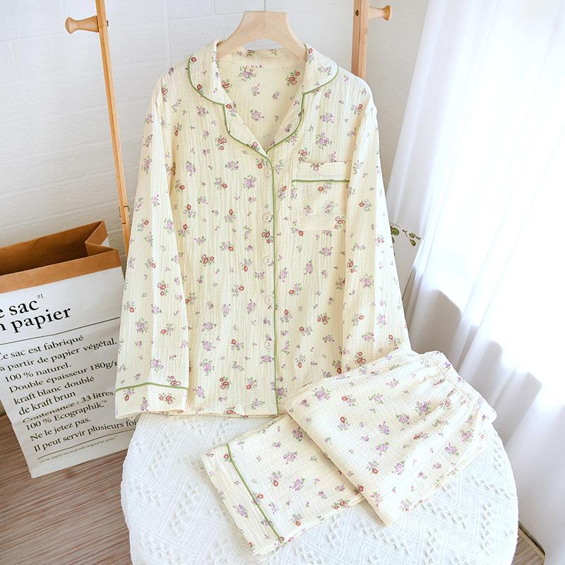 New Cotton Double-layer Gauze Sleeping Long Sleeve Cardigan Plus Size Summer Thin Cotton Homewear Suit