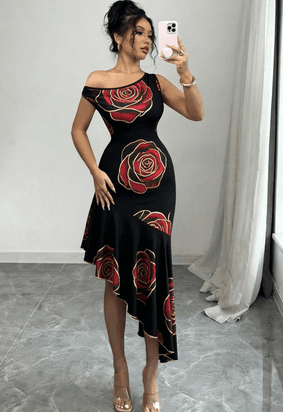 French-style Elegant Floral Print Off-shoulder Asymmetrical Fishtail Dress For Women