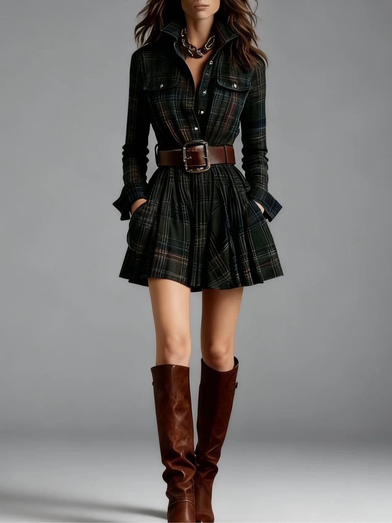 European And American Elegant Plaid Long Sleeve Short Dress Belt