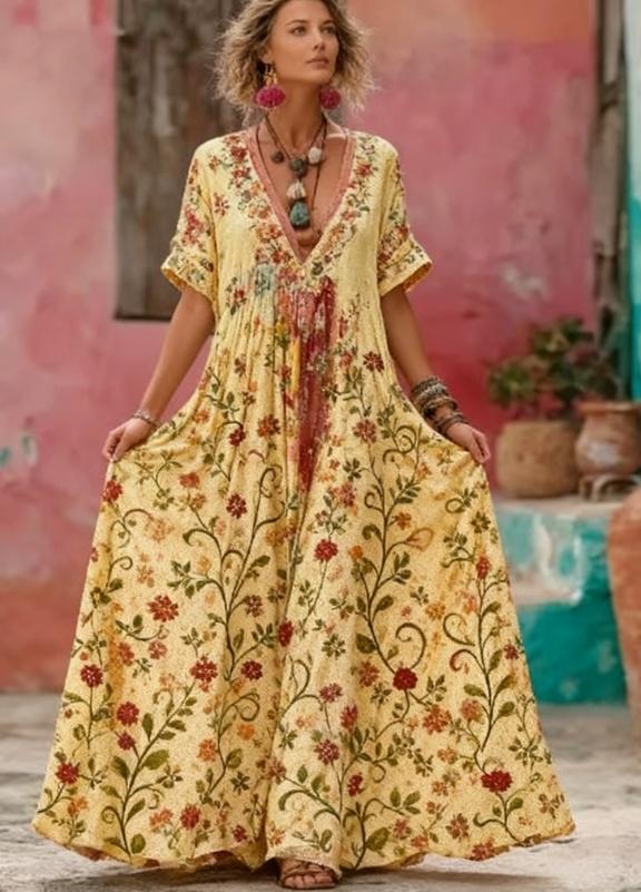 Women's Floral Embroidery Patchwork Art V-Neck Long Dress