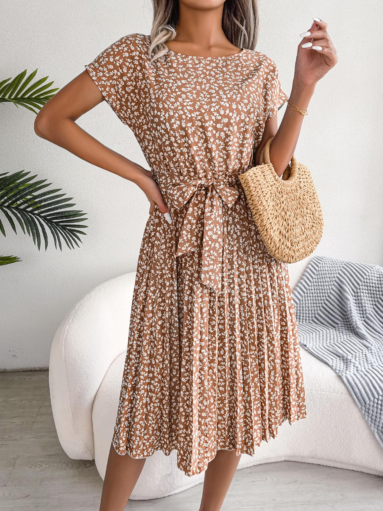 Women   Casual Short Sleeve Floral Print Flowy Pleated Skirt