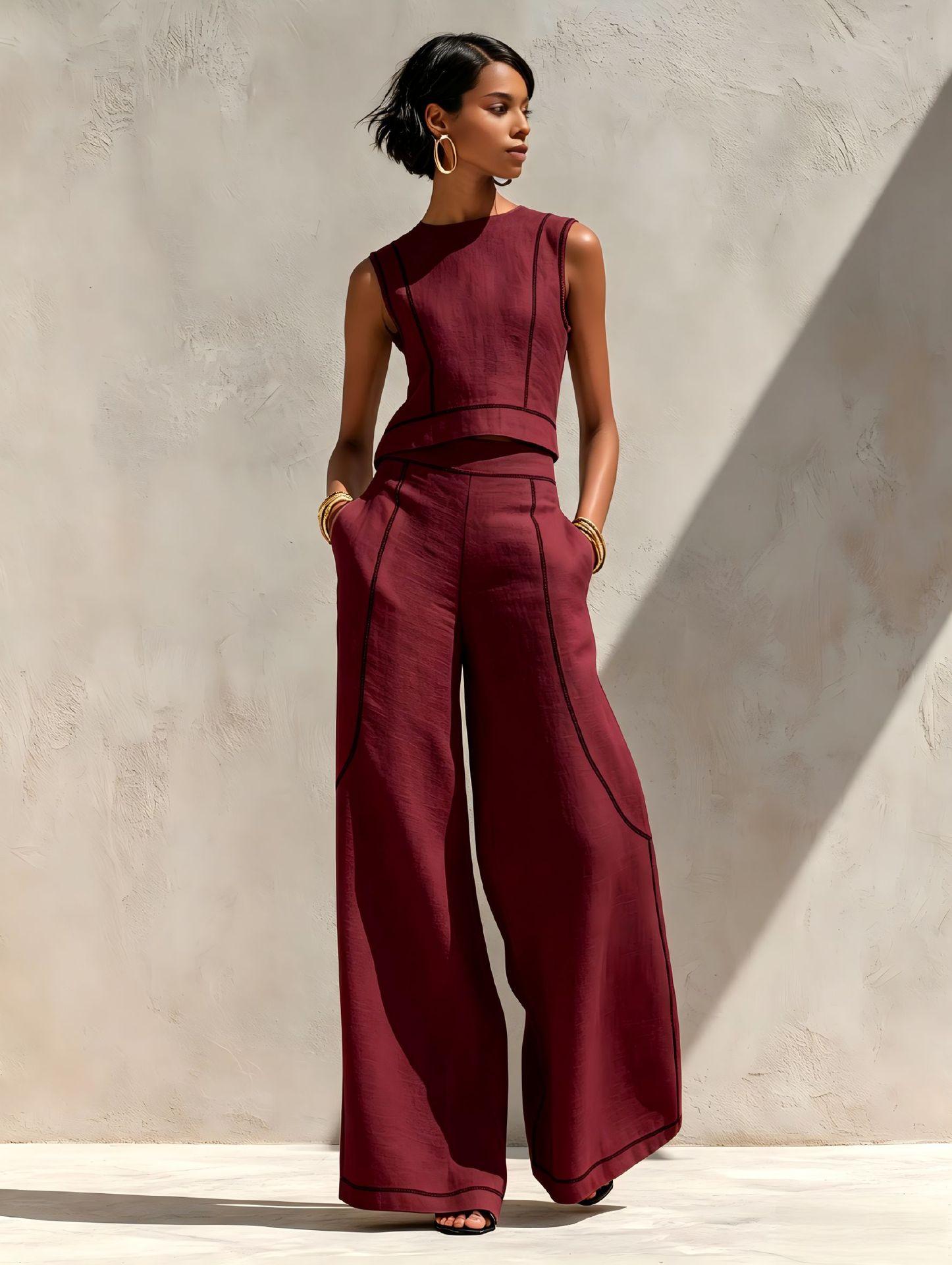 Sleeveless Color-Block Wide-Leg Pants Set Womens Summer Casual Chic Two-Piece Outfit