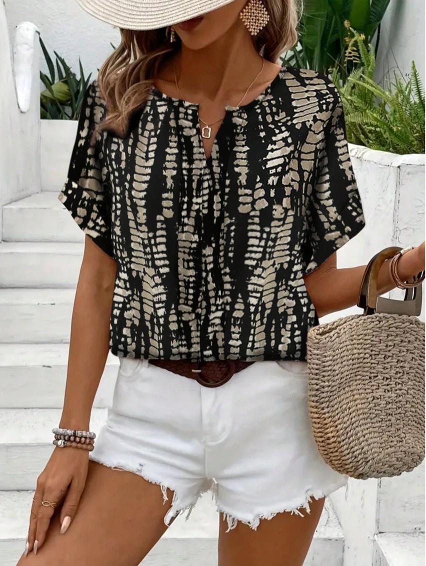 Women's V-Neck Loose Fit Printed Short Sleeve Shirt - Casual European American Style Top