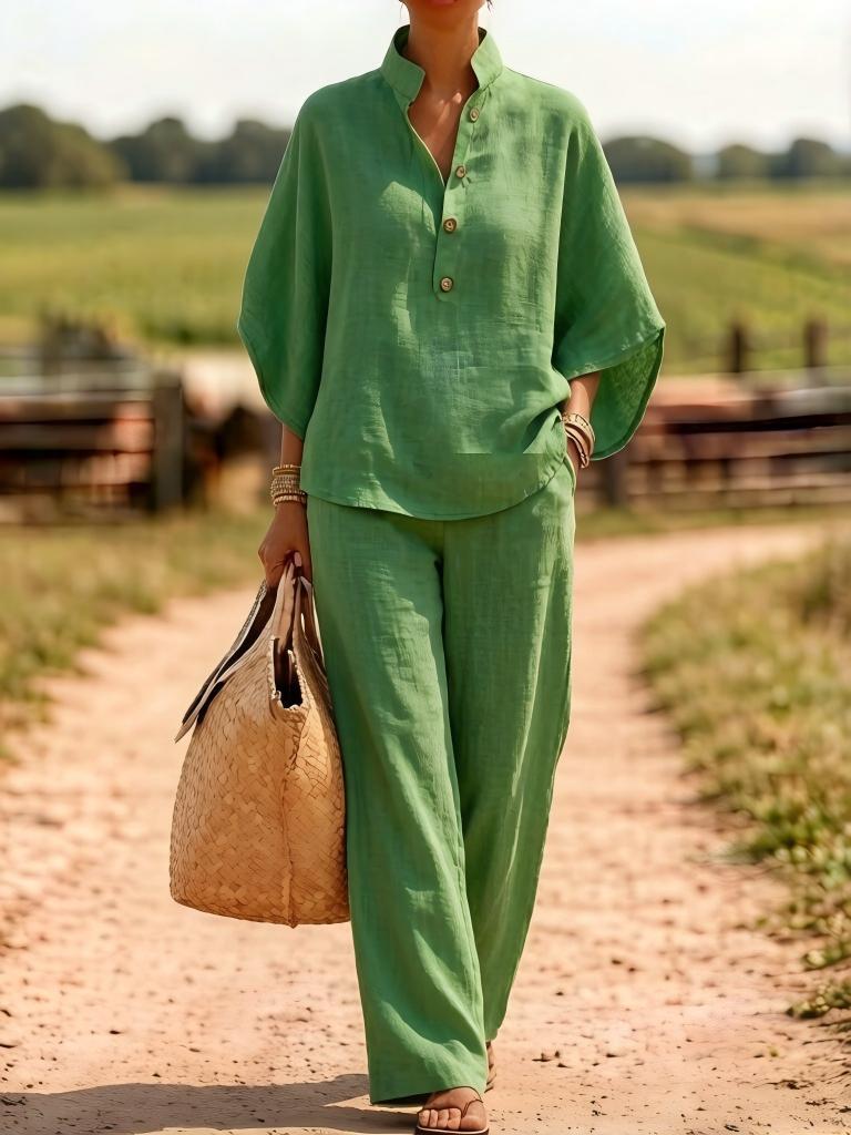 Linen Two-Piece Set For Women Shirt And Wide-Leg Pants