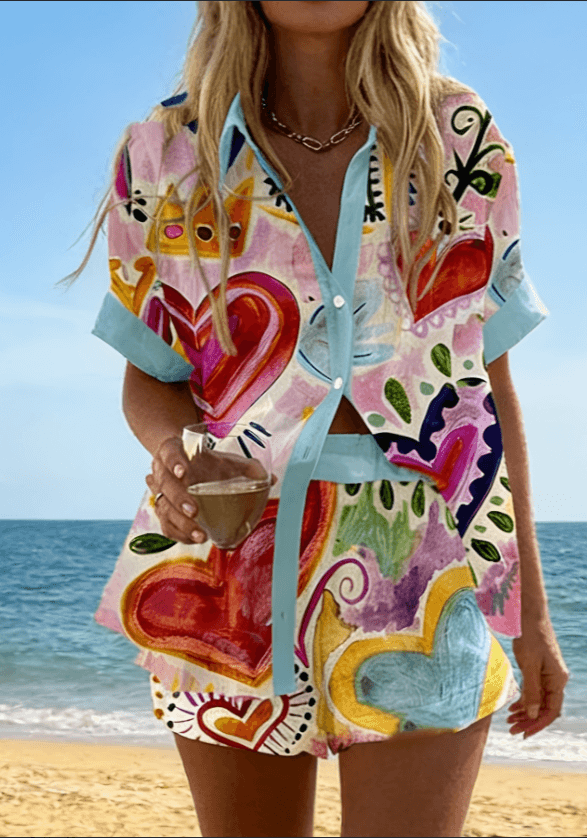 Vacation Style Artistic Hand-Painted Love Shirt Set