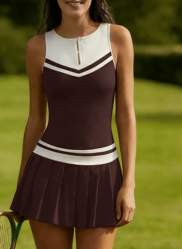 American-style Campus-inspired Color-blocked Zippered Pleated Tennis Dress For Women