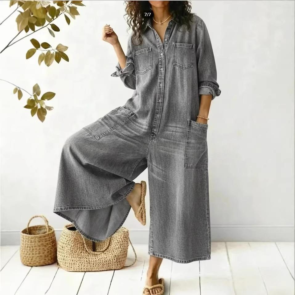 Women's Casual Denim Jumpsuit With Front Pockets