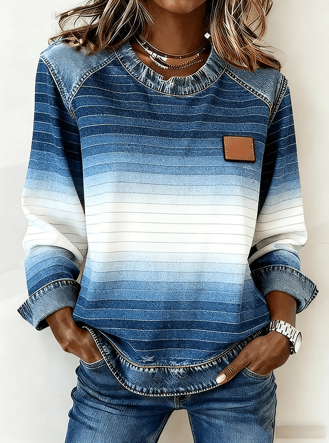 Denim Patchwork Crew Neck Casual Top
