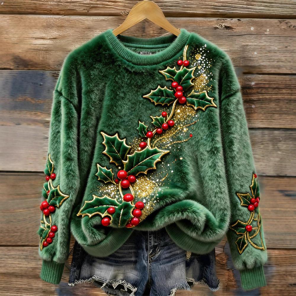 3D Digital Print Pattern Christmas Women's Round Neck Sweatshirt