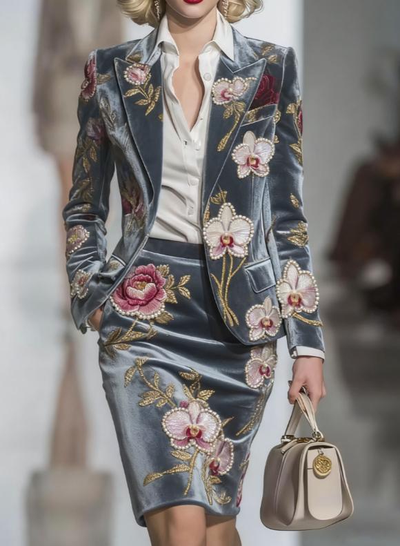 Elegant Velvet Printed Suit And Pencil Skirt Set