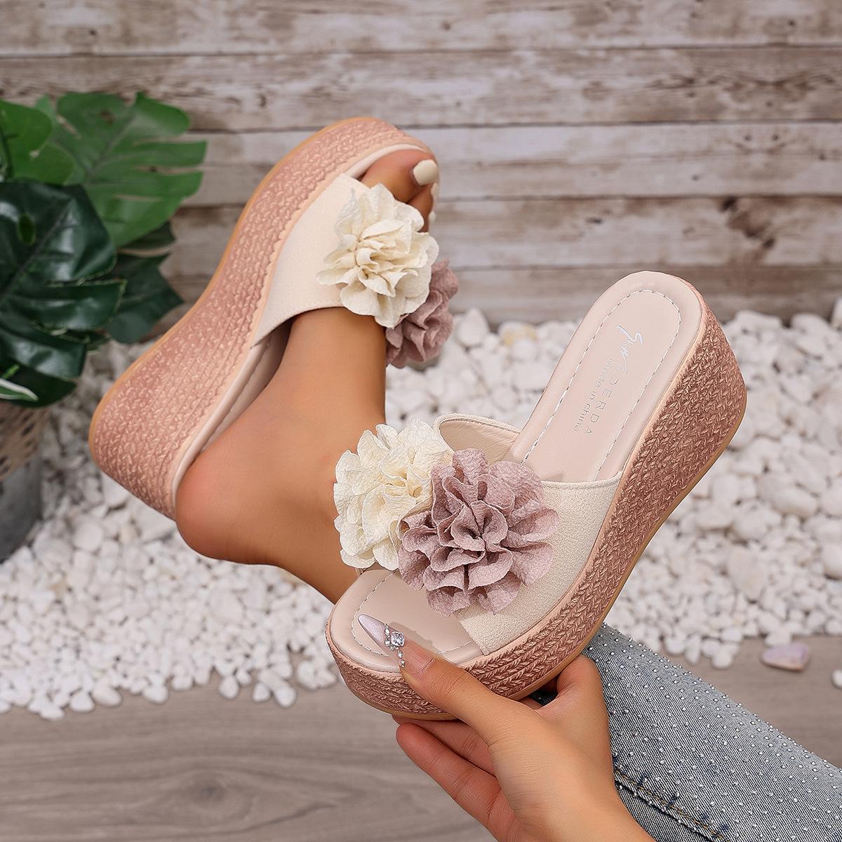Summer New Style Double-flower Wedge Platform Flip-flops For Women