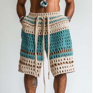 European And American Men's Casual Short Pants With Striped Design