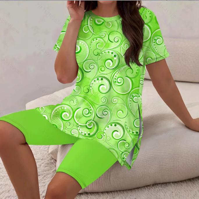 Cross-Border Casual Resort-Style Printed Crew-Neck Short-Sleeve Shorts Set