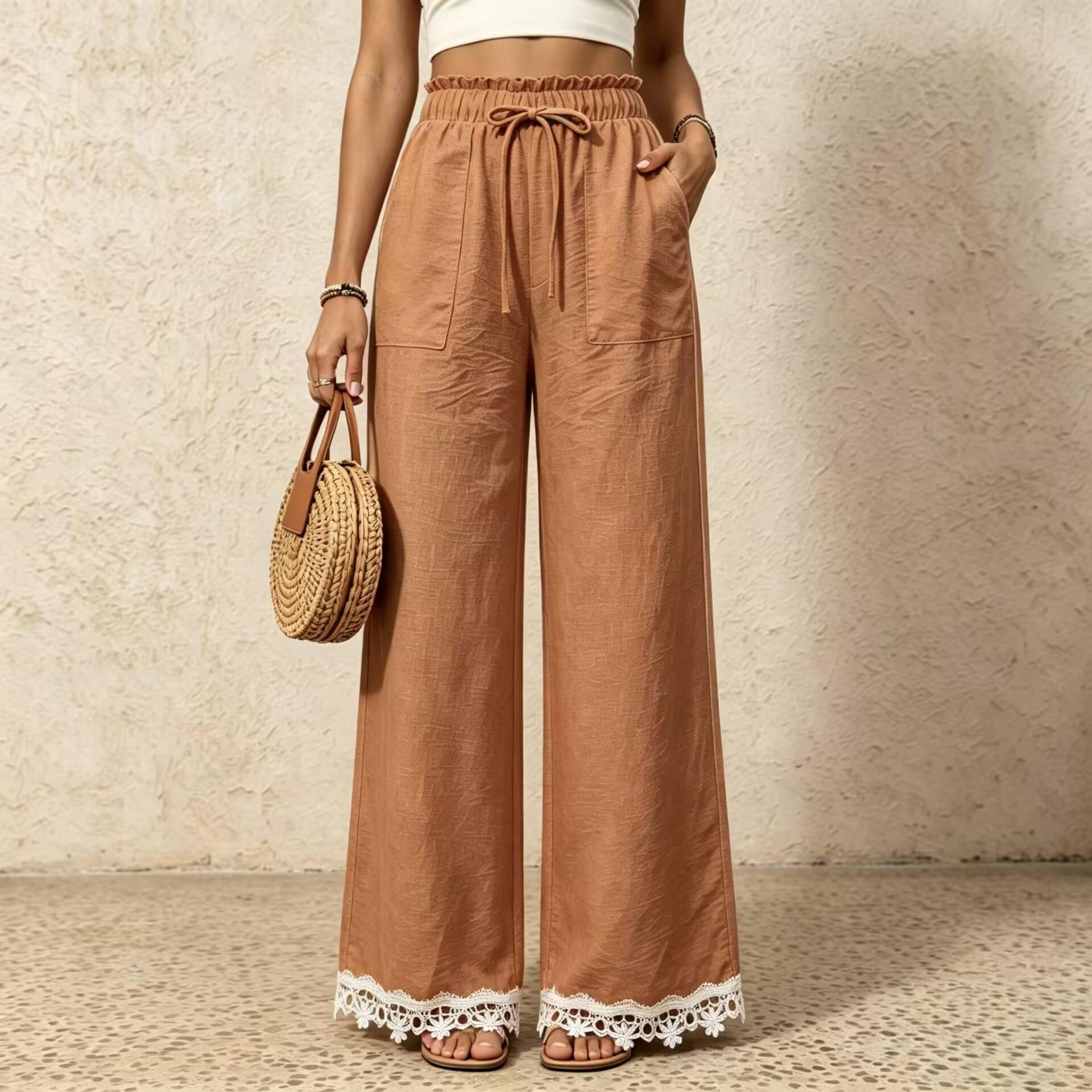 Womens New Lace-trimmed Loose-fit Wide-leg Casual High-waist Straight-leg Trousers