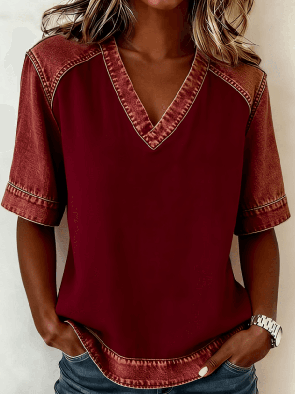 Color-blocked V-neck Raglan Sleeve T-shirt For Women, Loose Fit, Casual And Versatile Short Sleeve.