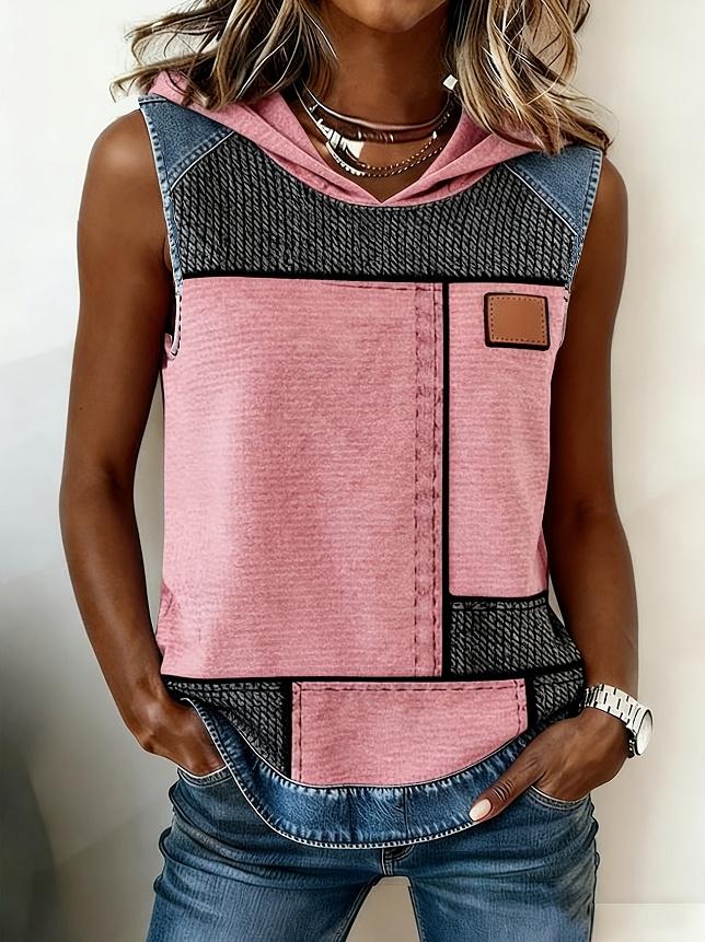 Casual Hooded Sleeveless Patchwork Denim-trimmed Loose-fitting Vest Sweatshirt For Women