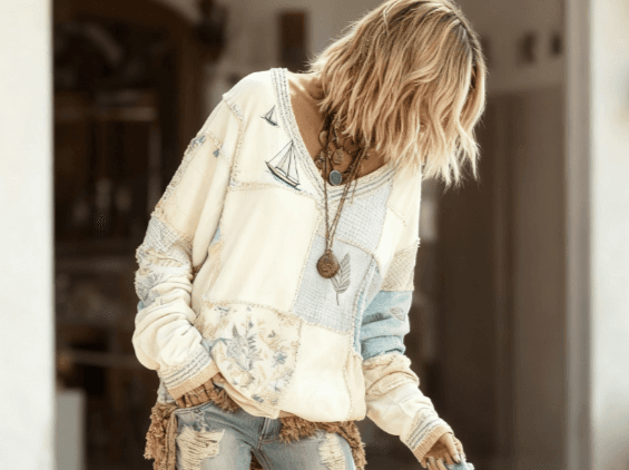 Patchwork Casual V-neck Long-sleeved Loose Top