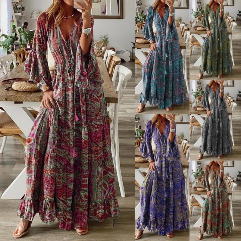 Women's Boho Paisley Print V-Neck Flare Sleeve Ruffle Hem Maxi Dress, Casual Loose Tie Waist Long Dress For Vacation & Beach