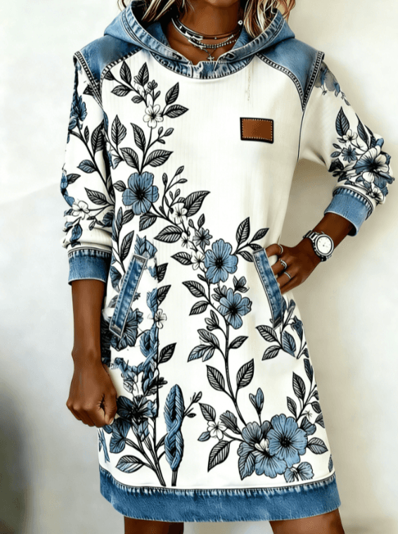 Casual Hooded Denim Color-block Loose Women's Long-sleeved Mid-length Sweatshirt Dress