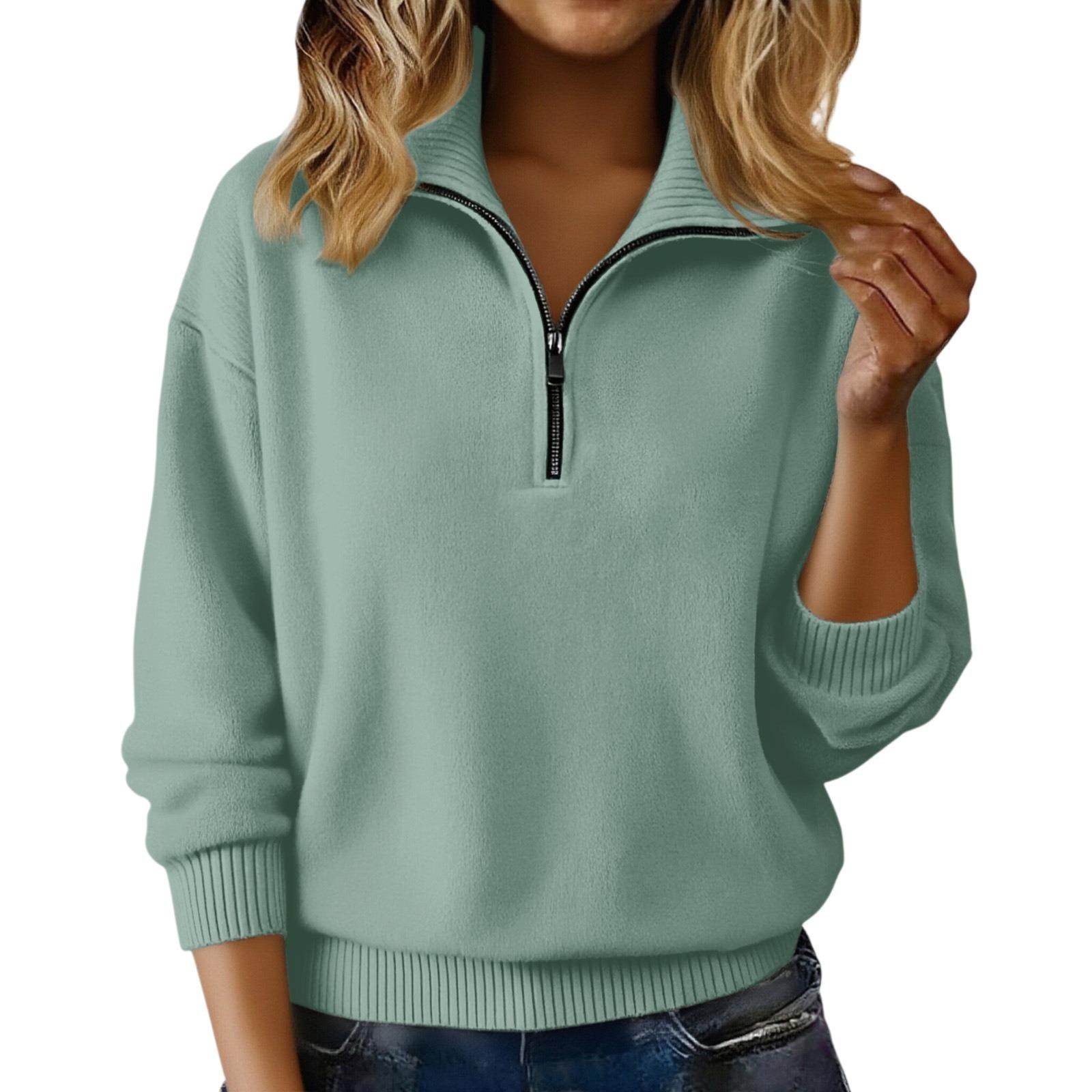 Women's Solid Color Lapel Zip Pullover Sweater, Loose 3D Casual Top For Autumn
