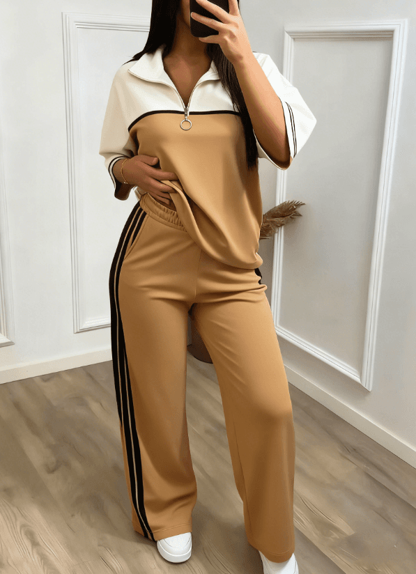 Color-block Stand-collar Short-sleeve Wide-leg Pants Two-piece Set