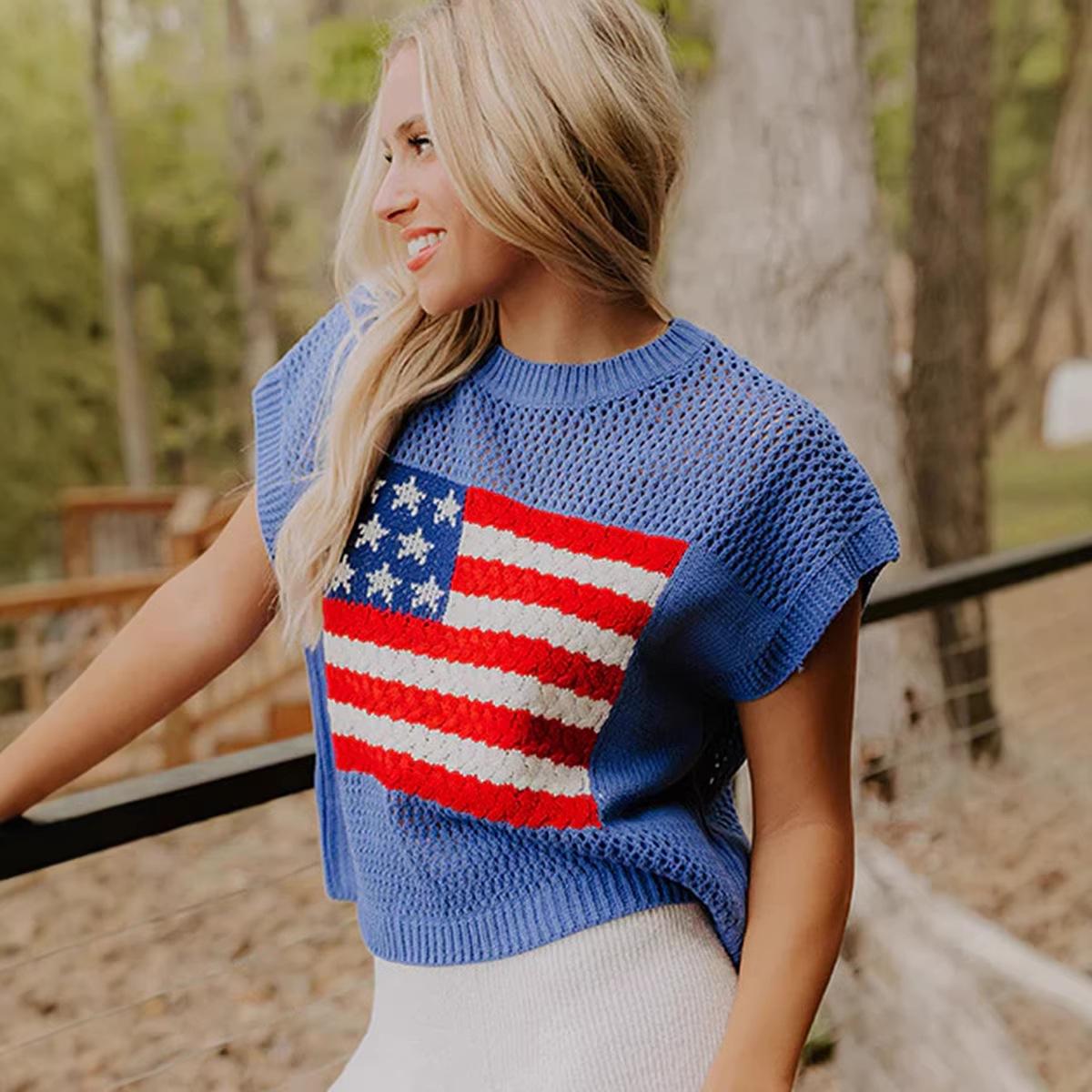 Women's Short-Sleeve Pullover Sweater With Crew Neck And National Flag Print