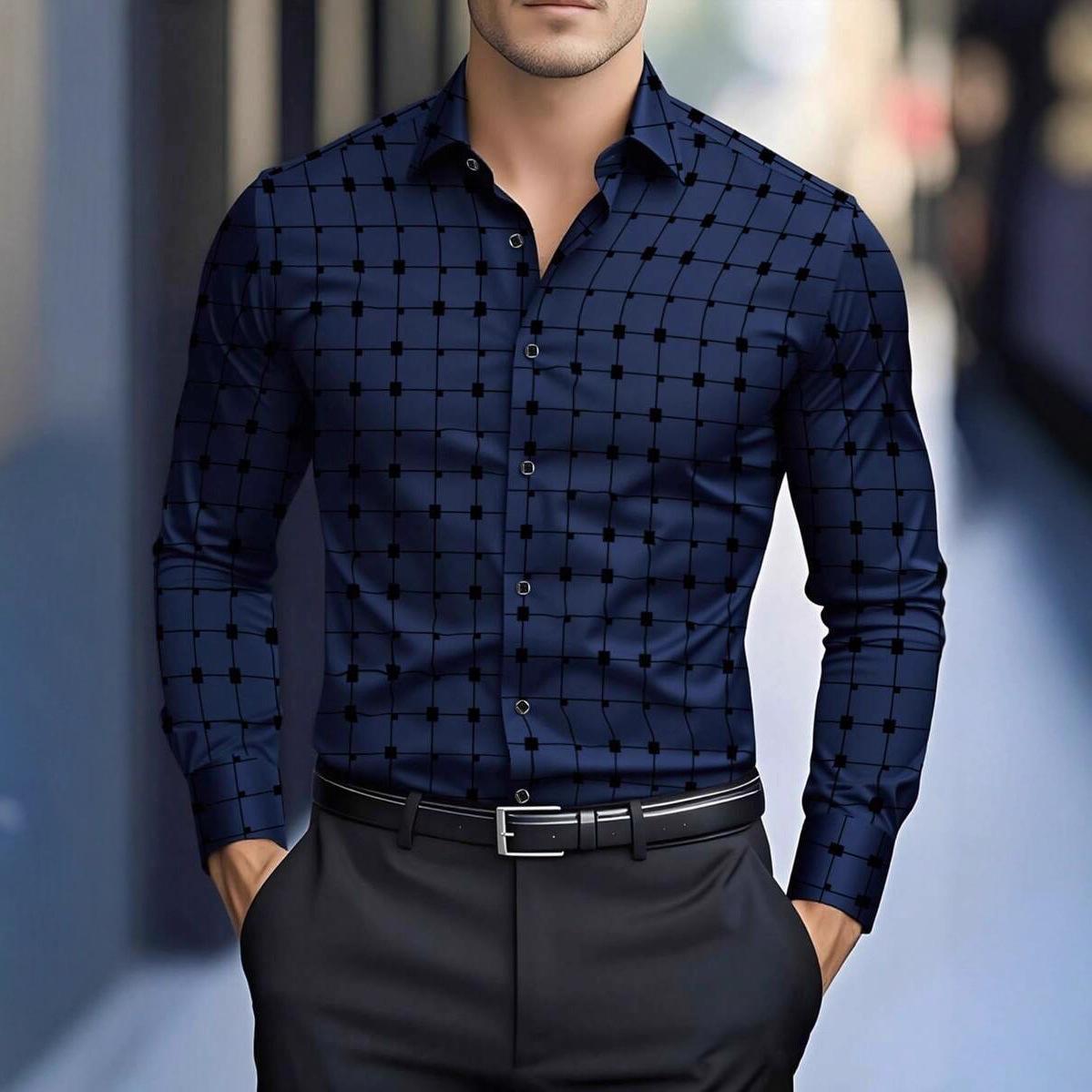 Printed Plaid Long-Sleeve Shirt Mens Top