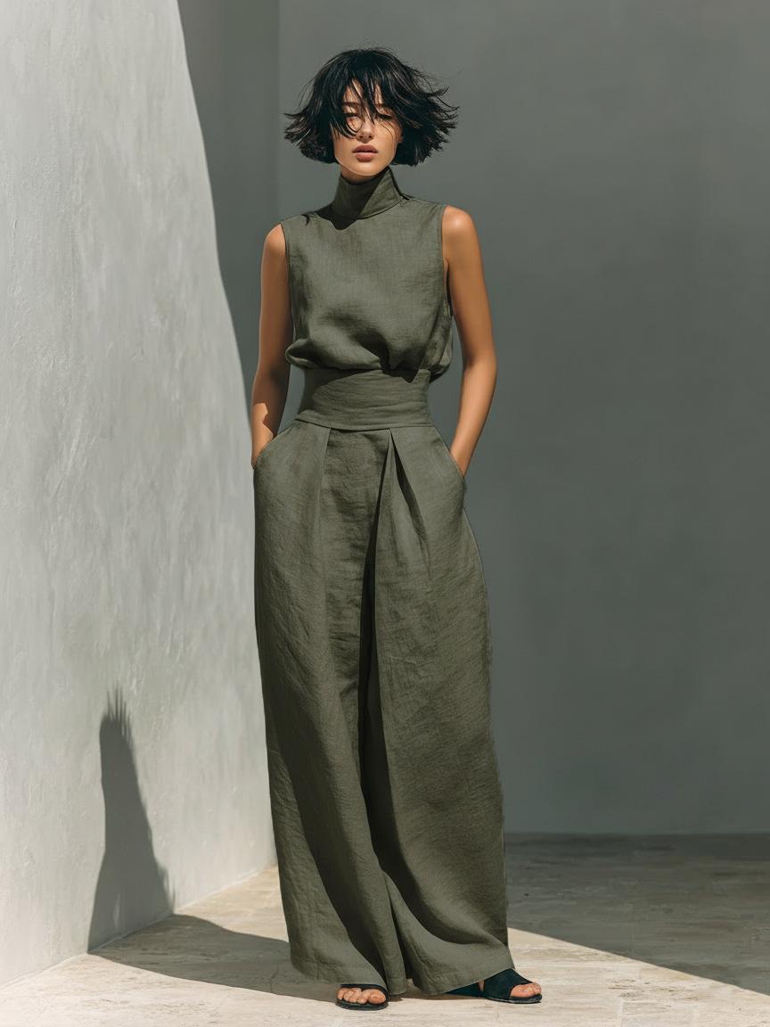 Womens Simple Cotton-Linen Blend Sleeveless Top And Wide-Leg Pants