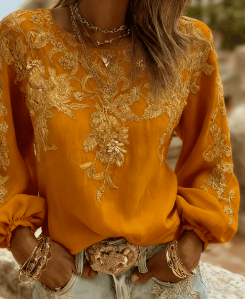 Women's Vintage Rose Embroidery Puff Sleeve Casual Round Neck Long Sleeve Top