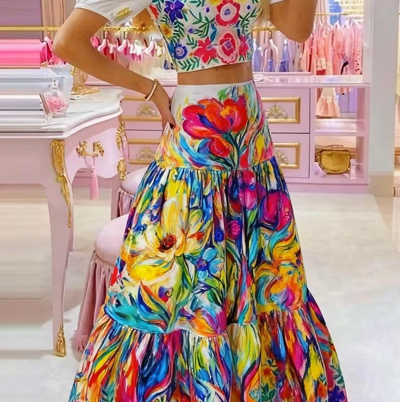 Sweet Floral Print Puff Sleeve Cropped Top  High-waisted Maxi Skirt Two-piece Set For Women.