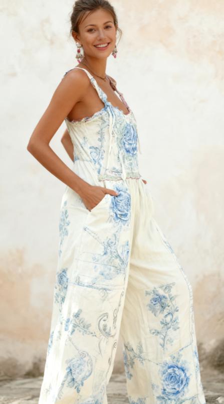 Bohemian Style Rose Embroidered Floral Patchwork Jumpsuit