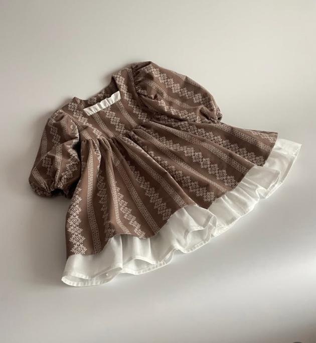 Printed Color Block Court-Style Forest-Feel Long-Sleeve Dress