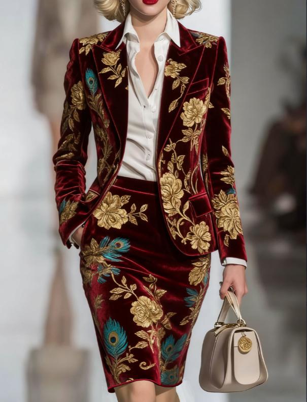 Elegant Velvet Printed Suit And Pencil Skirt Set