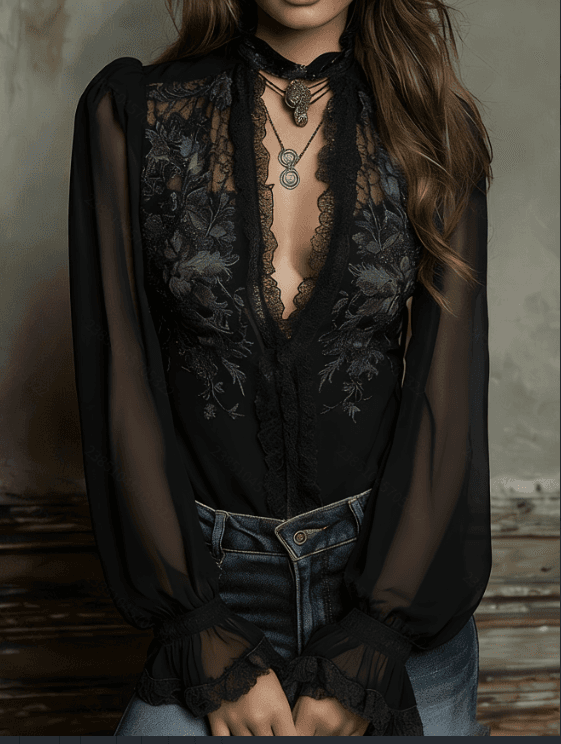 A Stand-up Collar Lace Embroidered Top