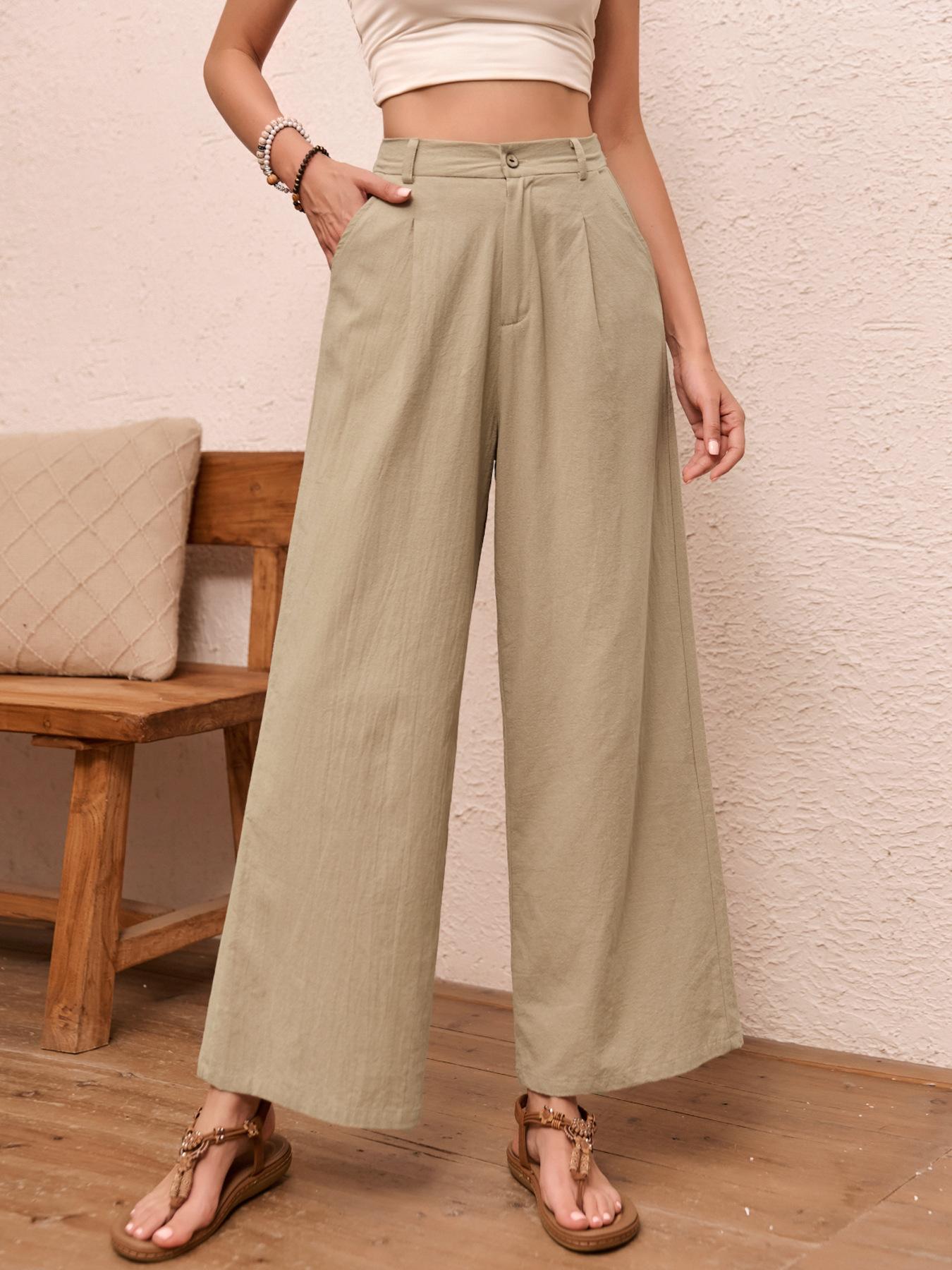 Solid-color Chic Linen Wide-leg Womens Summer High-waisted Draping Casual Pants