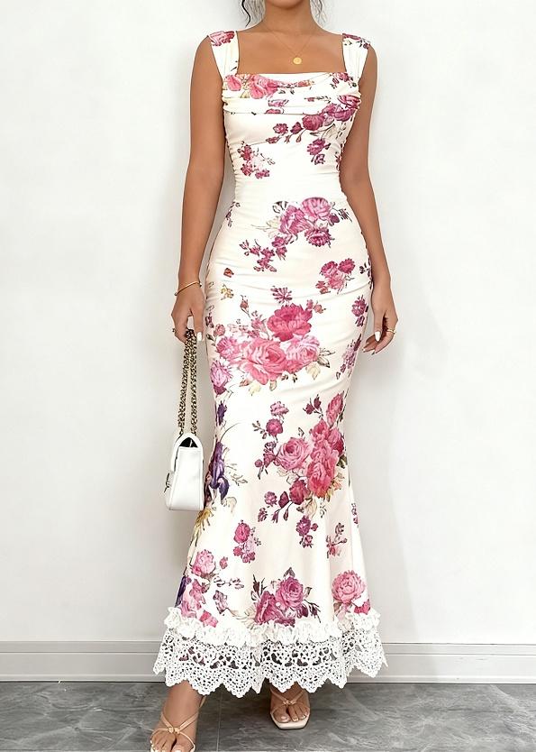 Printed Square Neck Lace-trimmed Fitted Fishtail Maxi Dress