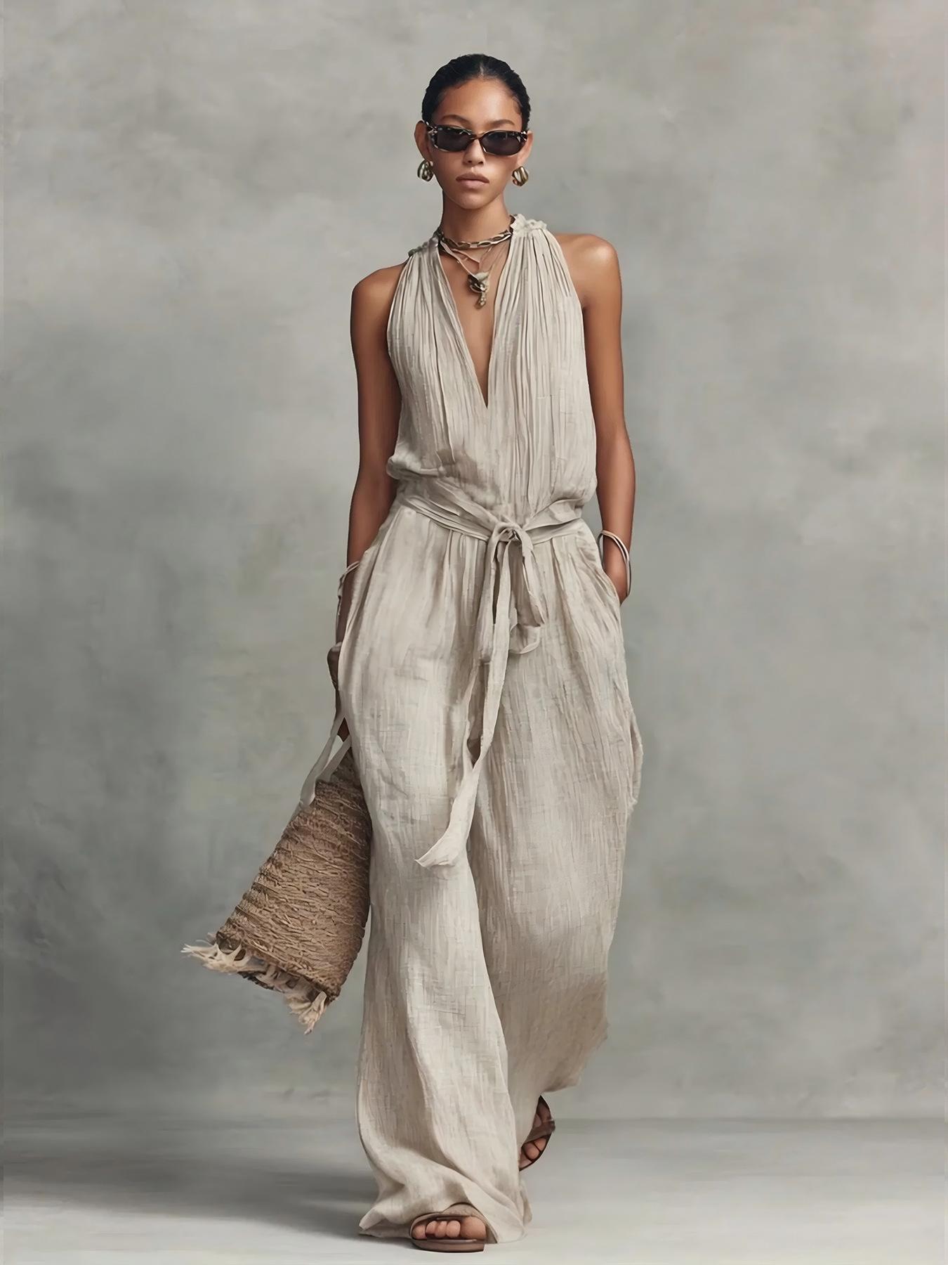 Casual Lace-up Sleeveless Cotton-blend Jumpsuit