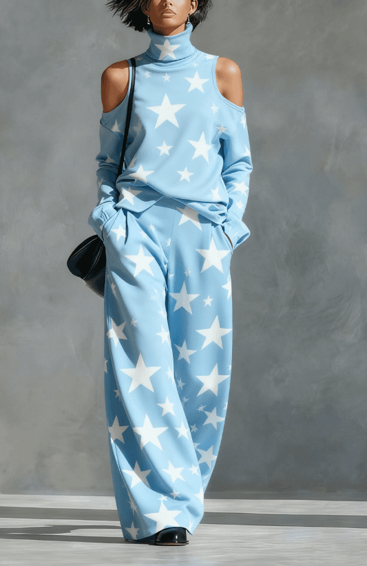 European And American Style Off-the-shoulder Turtleneck Loose Wide-leg Pants Two-piece Casual Fashion Set