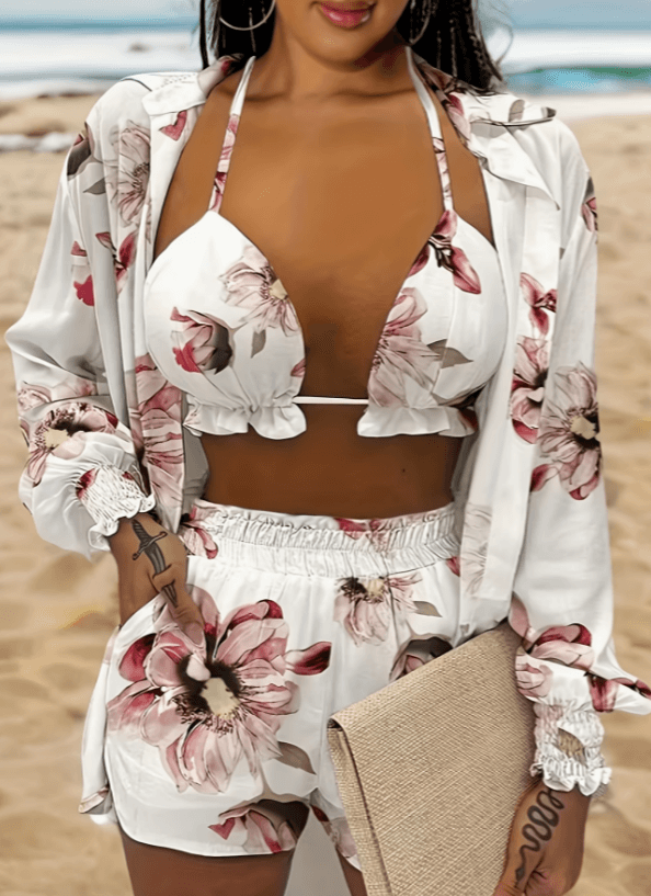 Women's Tropical Retro Floral Print Three-Piece Set