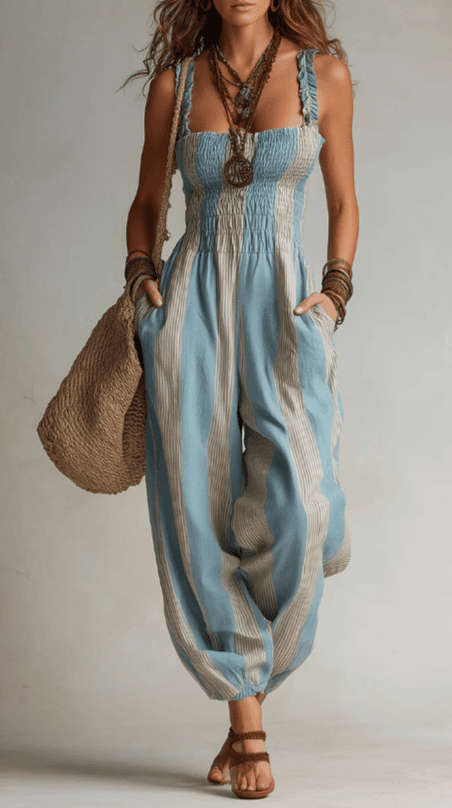 Blue & White Striped Square Neck Harem Jumpsuit