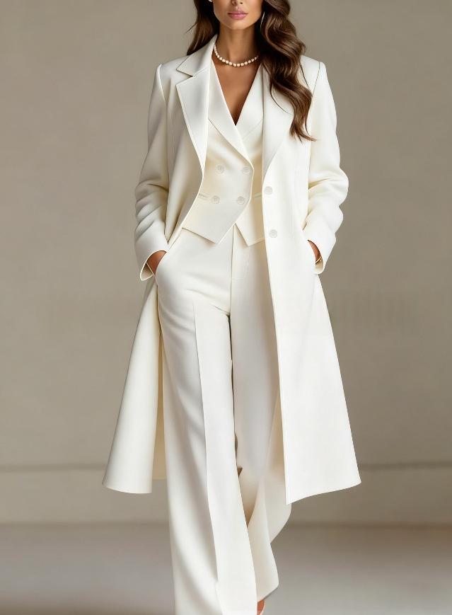 Solid-color Chic And Elegant Trench Coat And Suit Pants Three-piece Set