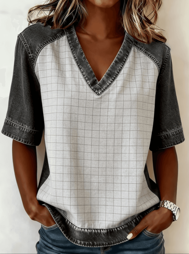 Color-blocked V-neck Raglan Sleeve T-shirt For Women, Loose Fit, Casual And Versatile Short Sleeve.
