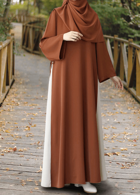 Color-blocked Side Drawstring Loose Casual Round Neck Long Dress