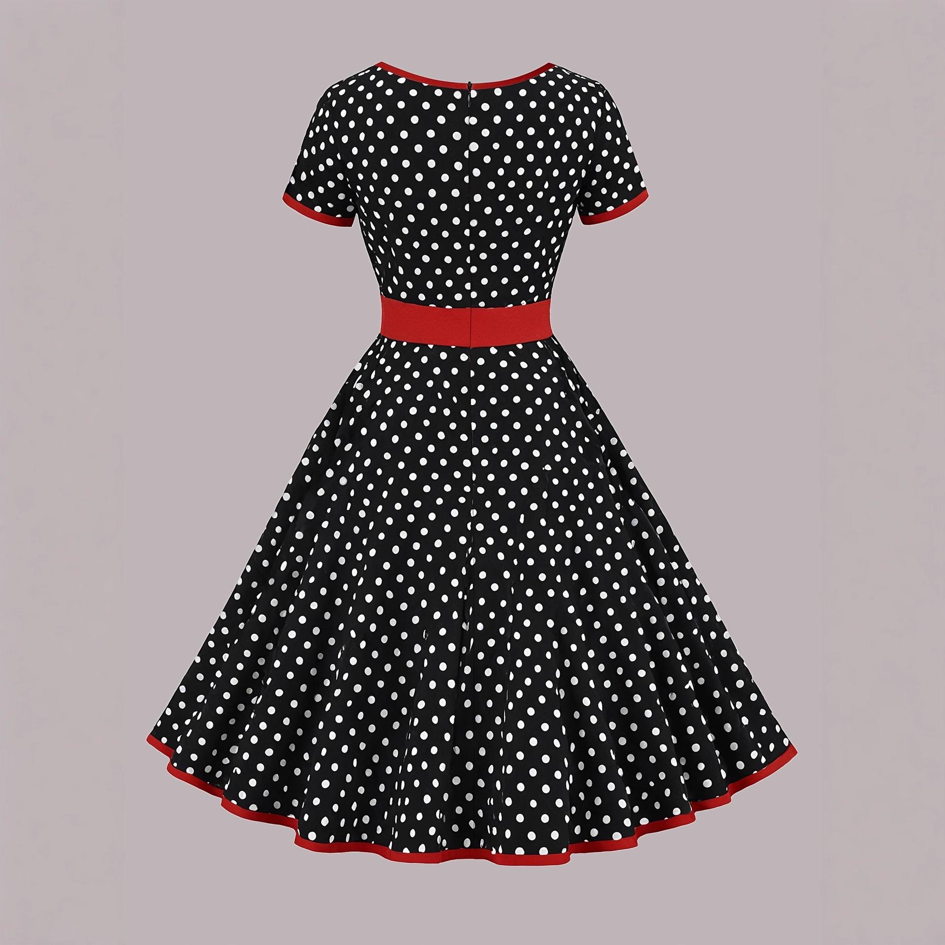 Elegant Style Square Collar Short Sleeve Polka Dot Zipper Pleated Dress