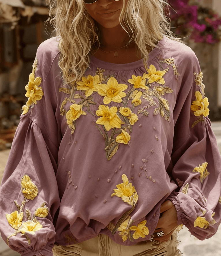 Women's Vintage Rose Print And Floral Applique Embroidery Casual Crew Neck Shirt