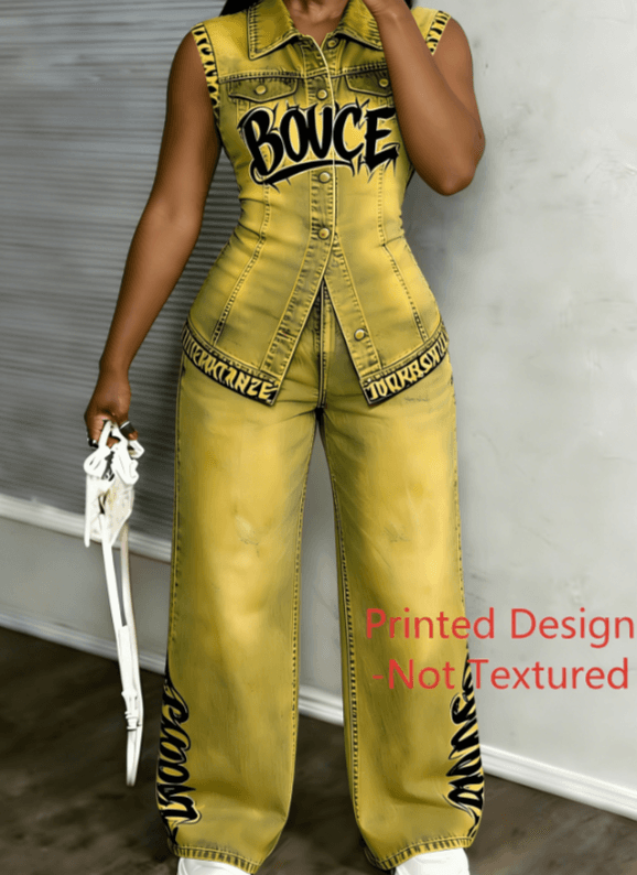 Workwear Style Sleeveless Printed Two-piece Set