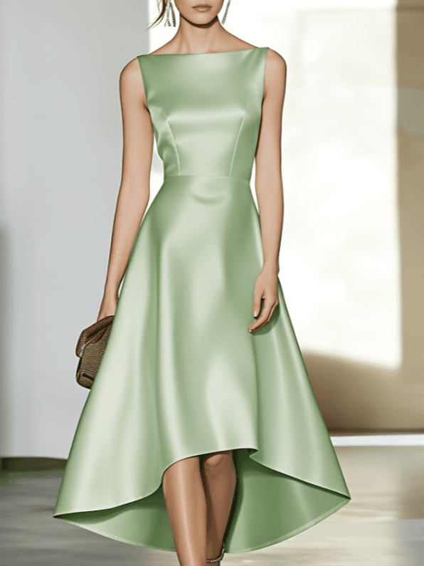 Satin Off-the-shoulder Sleeveless Fitted Waist Asymmetrical Full Skirt Dress