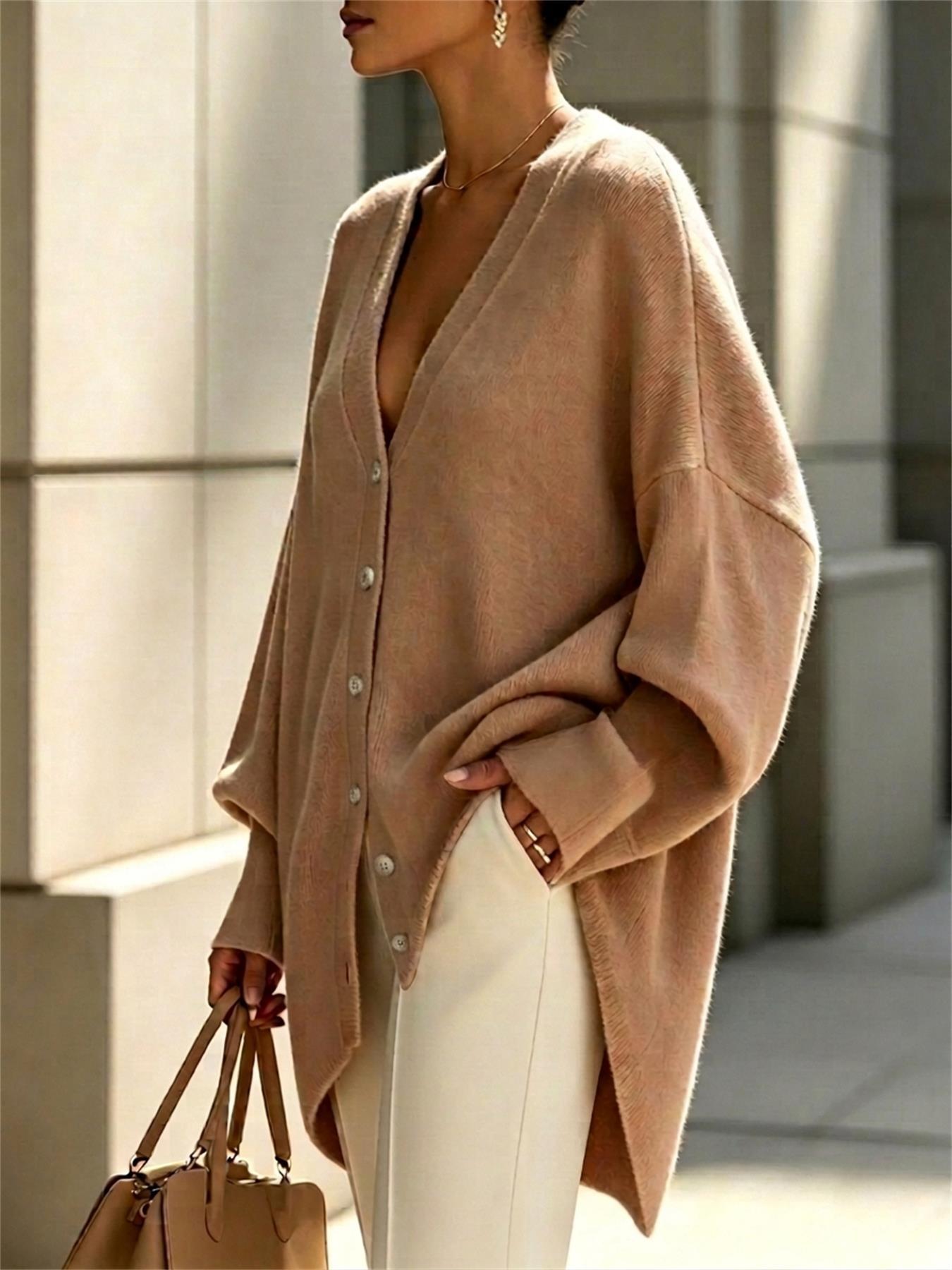 Soft Fluffy Mohair Knit Cardigan, Oversized Batwing Slit Hem Lazy Sweater Coat