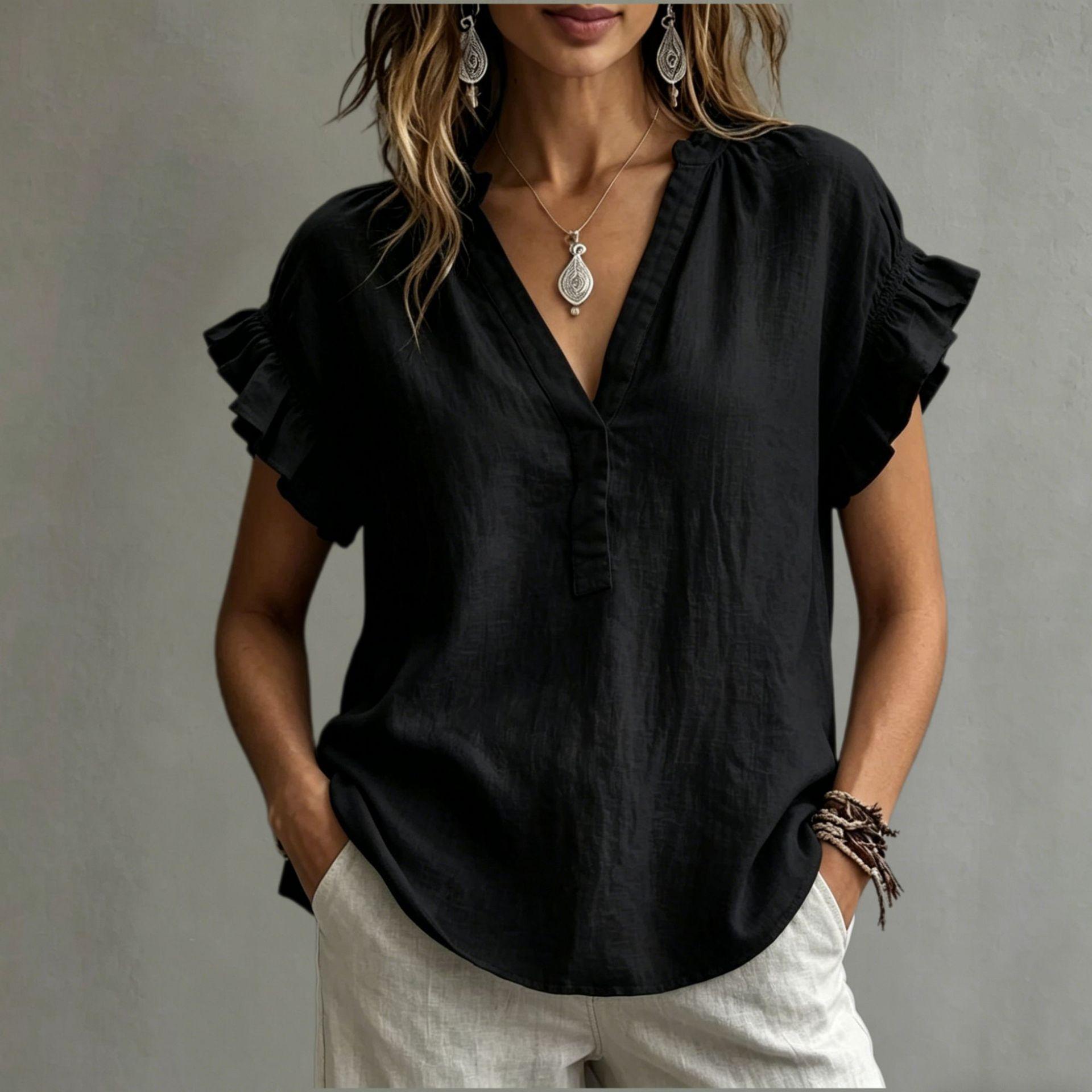 Summer Womens Bohemian-style Casual V-neck Short-sleeve Top