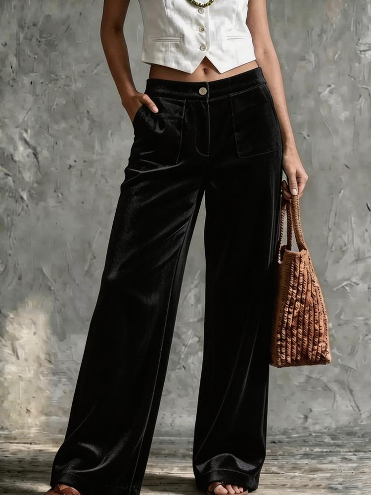 Womens Velvet Loose-fit Solid-color High-waisted Straight-leg Casual Pants With Pockets